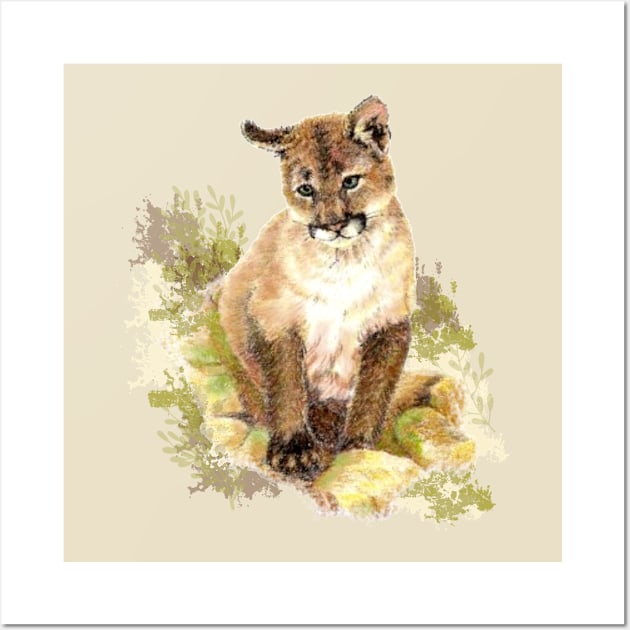 Watercolor Cougar Mountain Lion Cub Wall Art by Country Mouse Studio